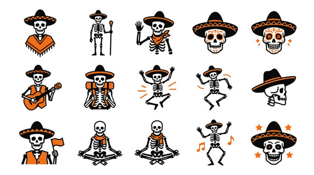 Dancing and yoga Mexican skeletons with orange accents.