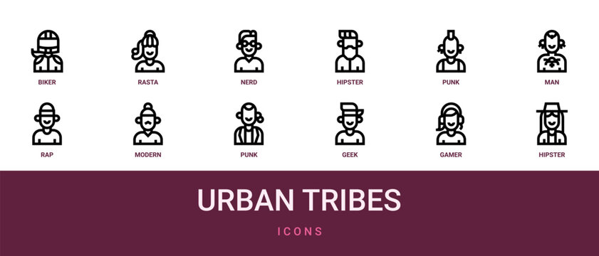 Set of 12 outline web Urban Tribes icons such as hipster, gamer, geek, punk, modern, rap, man vector icons for report, presentation, diagram, web design, mobile app