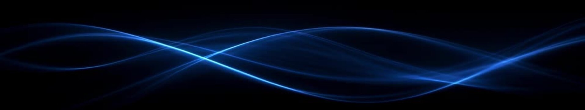 Looped Animation | Blue Flowing Light Waves on Black Background, Panoramic