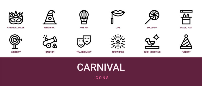 Set of 12 outline web Carnival icons such as fun hat, duck shooting, fireworks, tragicomedy, cannon, archery, magic hat vector icons for report, presentation, diagram, web design, mobile app
