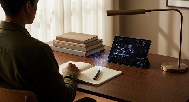 Student researching mathematics using tablet and digital light pen