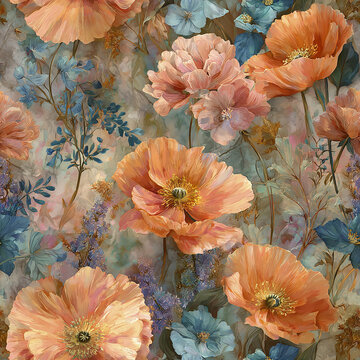 Luxury seamless floral pattern with soft orange and blue flowers creating calm and elegant mood