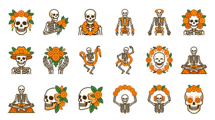 Obraz premium Mexican skeletons with orange marigold flowers icon set.