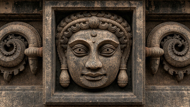 Ancient stone bas-relief sculpture of human face on temple wall with sculpture archaeology heritage monument architecture historic sculpted civilization expression traditional artistic