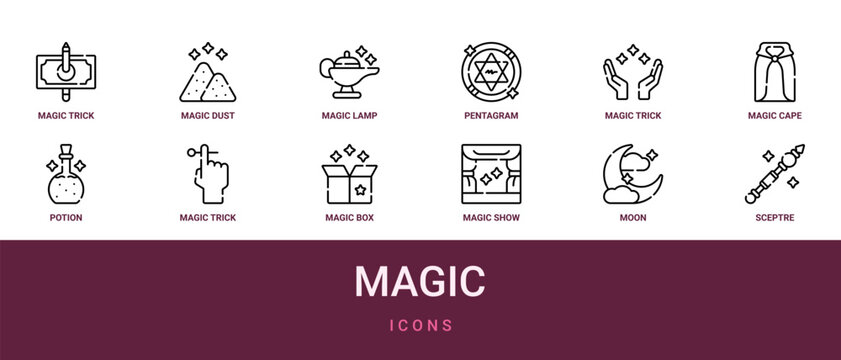 Set of 12 outline web Magic icons such as sceptre, moon, magic show, magic box, magic trick, potion, cape vector icons for report, presentation, diagram, web design, mobile app