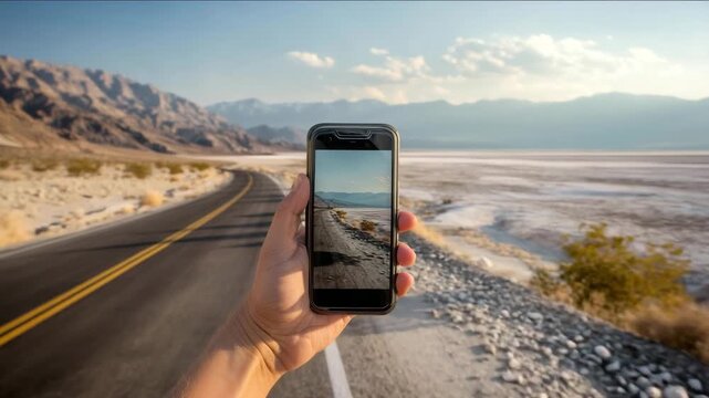 Apps You Need for a Road Trip Hands holding a smartphone capturing a straight desert road and distant mountains on a sunny day symbolizing adventure