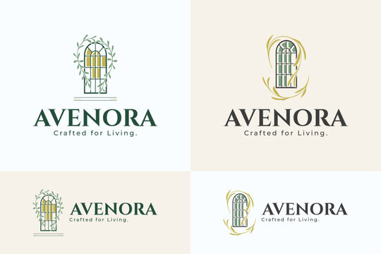 Luxury Interior Design Logo with Arched Window Botanical Emblem Minimalist Brand Identity Vector