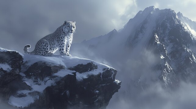 Majestic snow leopard on rocky cliff with misty mountain background