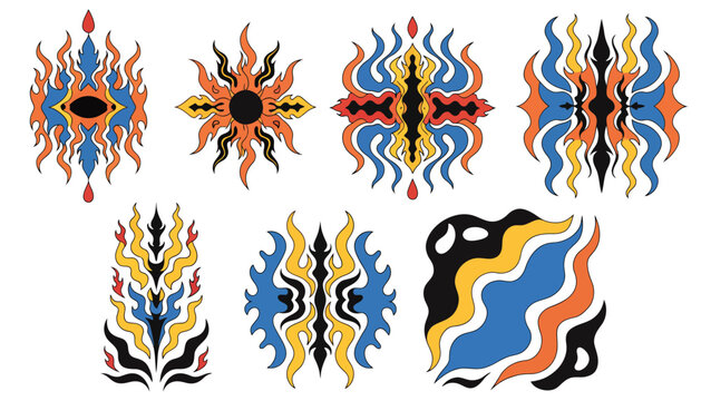 Abstract Fire Flame Ornaments, Tribal Sun Symbols, Ethnic Decorative Elements