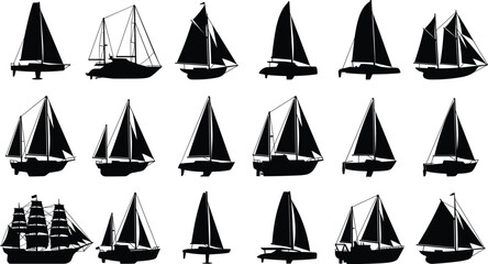 Sailboat and Sailing Yacht Silhouette Collection Vector Nautical Marine Vessel Icon Set © MdHossain