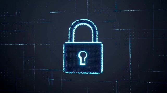 Digital padlock glowing on a dark grid background representing quantum encryption, cybersecurity, network safety, and futuristic data protection concepts.