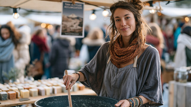 Artisan soap maker stirring a large outdoor batch pot at a crowded winter market, high altitude acclimatization poster pinned to the stall canopy above rows of handcrafted bars,