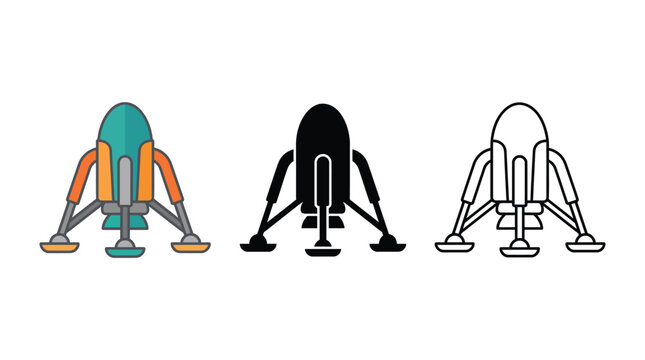 Space lander ship icon set with flat color solid black and outline stroke vector graphics.