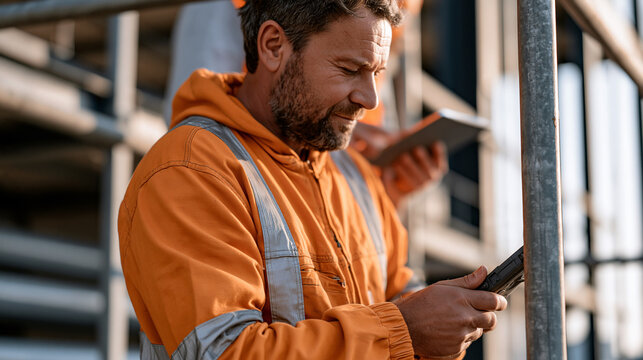 Gutter guard installation worker over the shoulder view checks a thermal imaging equipment readout on a handheld device while standing on a scaffold in an industrial setting