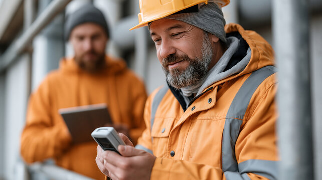 Gutter guard installation worker over the shoulder view checks a thermal imaging equipment readout on a handheld device while standing on a scaffold in an industrial setting