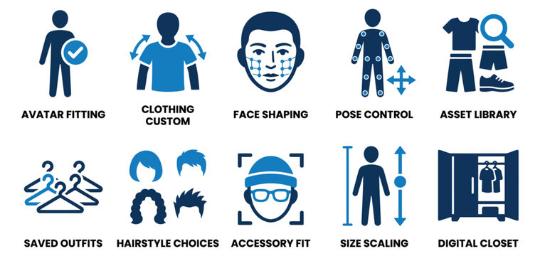 Set of digital avatar customization and character creator icons for virtual reality and gaming platforms Minimal solid fill icon set bundle collection. Editable Vector Illustration Mega pack