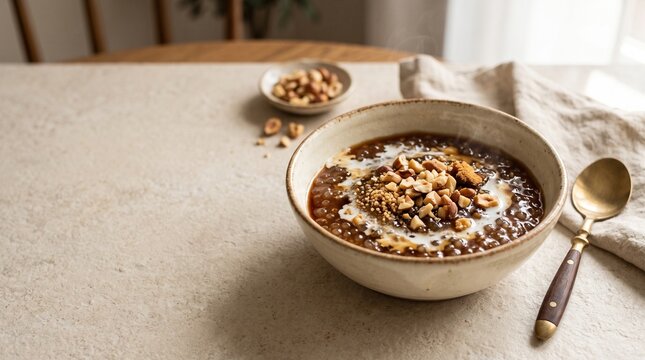 Traditional Indonesian Bubur Sagu Ambon sago pearl pudding bowl with coconut milk and roasted nuts on beige table with copy space
