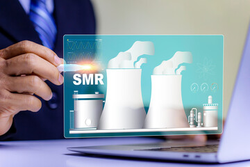 Obraz premium Small Modular Reactor (SMR) Nuclear Power Plant Concept with Digital Energy Technology and Clean Electricity Generation