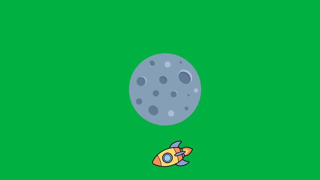 Animated cartoon space rocket orbiting the moon, chroma key green screen.