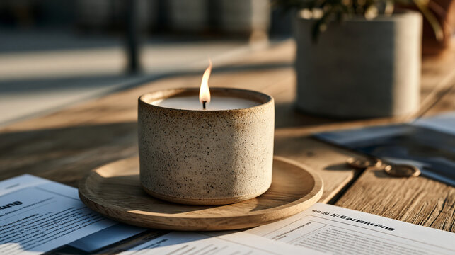 Single ceramic candle on modest home dining table surrounded by email marketing strategy printouts cement kiln industrial reference moodboards and wax seals as single object