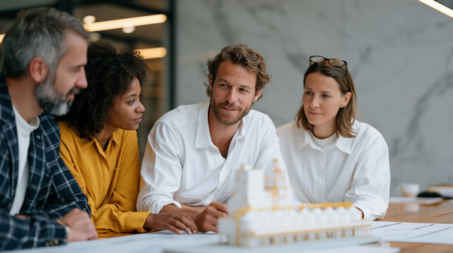 Heavy machinery multicultural training cohort inside a luxury training facility examines a grain elevator storage facility scale model on a polished table group from varied