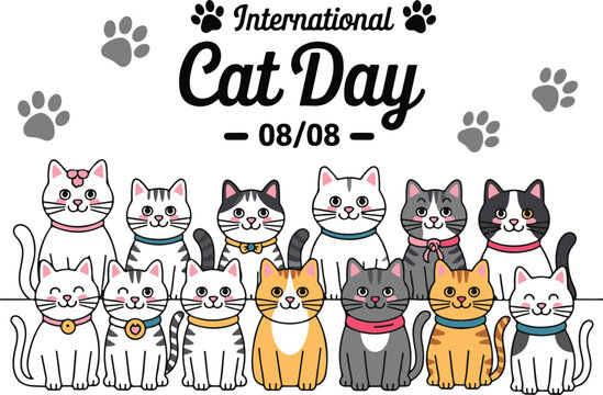 8 Ags Cat Day poster, cute cartoon cats with festive paw prints for celebration branding and creative design projects today together