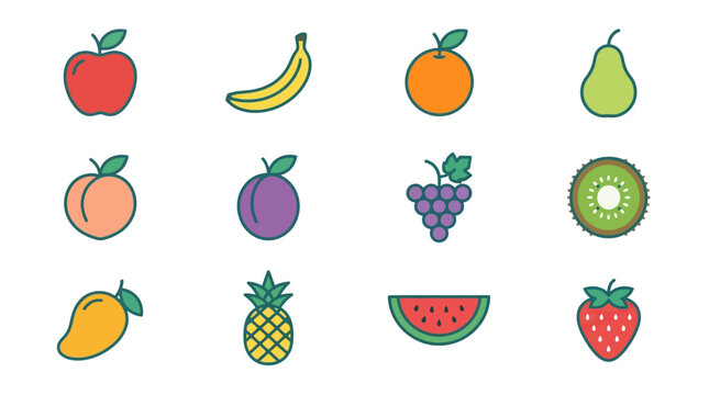 Colorful flat design fruit icons set.