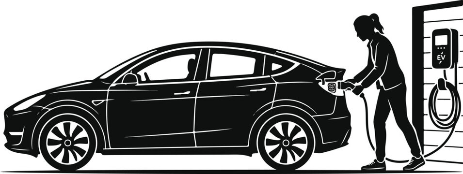 Woman Charging Electric Car At EV Station Vector Silhouette