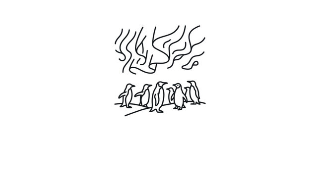 A group of penguins standing together under a swirling sky.