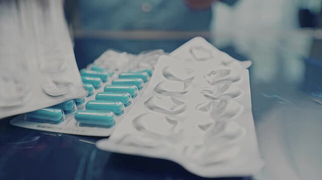 Close-up of empty and partially used blister with pills piled on a table. Concept of medication use, pharmaceutical packaging, healthcare routine, treatment management, daily medicine consumption.