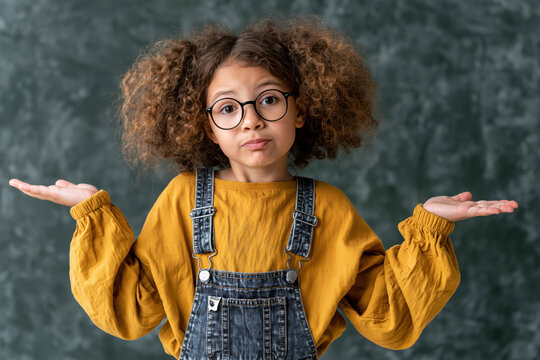 Young child with glasses and curly hair standing in classroom with puzzled expression and raised hands