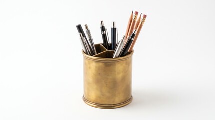 Fototapeta premium Vintage Brass Pencil Holder with Pens and Pencils on White Background