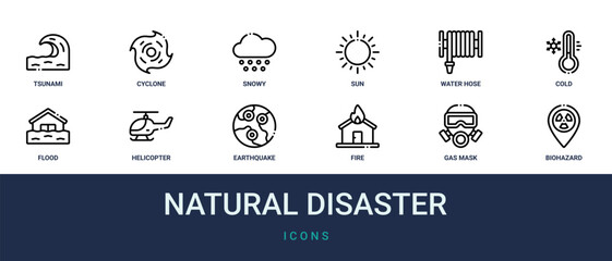 Fototapeta premium Set of 12 outline web Natural Disaster icons such as biohazard, gas mask, fire, earthquake, helicopter, flood, cold vector icons for report, presentation, diagram, web design, mobile app