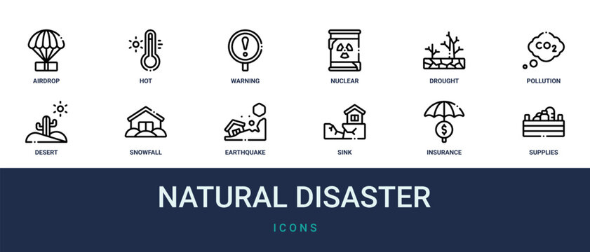 Set of 12 outline web Natural Disaster icons such as supplies, insurance, sink, earthquake, snowfall, desert, pollution vector icons for report, presentation, diagram, web design, mobile app