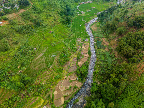 Rice terraces and river in Babakan Madang