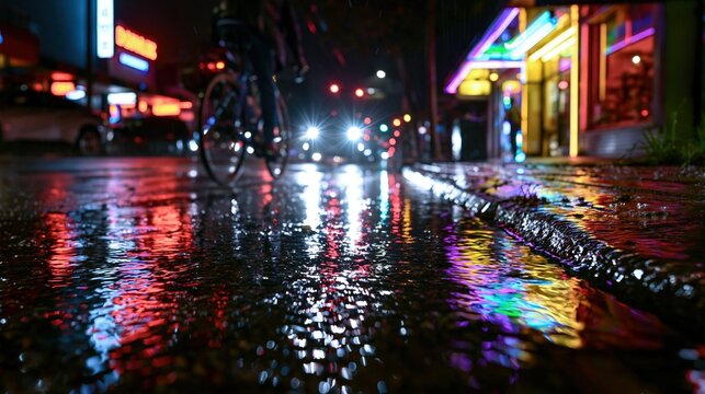 Cyclist Riding Through Rainy City Night