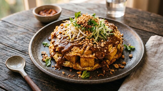 Traditional Indonesian Tahu Telor Crispy Tofu Omelette with Peanut Sauce