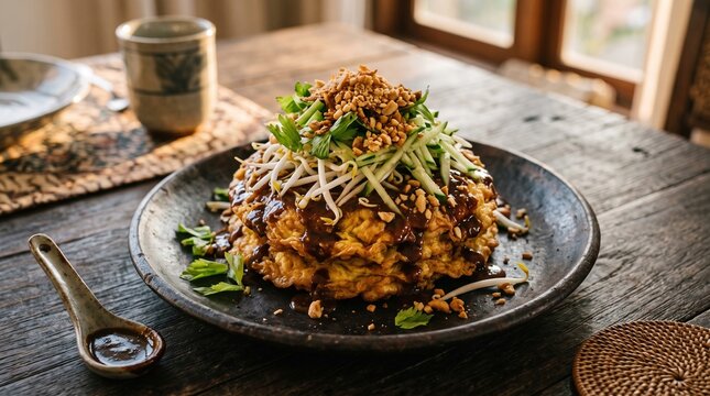Authentic Tahu Telor Tower Drizzled with Dark Sweet Petis Sauce
