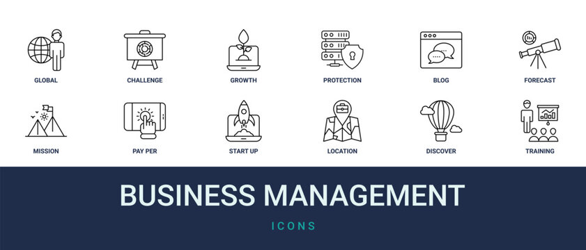 Set of 12 outline web Business Management icons such as training, discover, location, start up, pay per click, mission, forecast vector icons for report, presentation, diagram, web design, mobile app