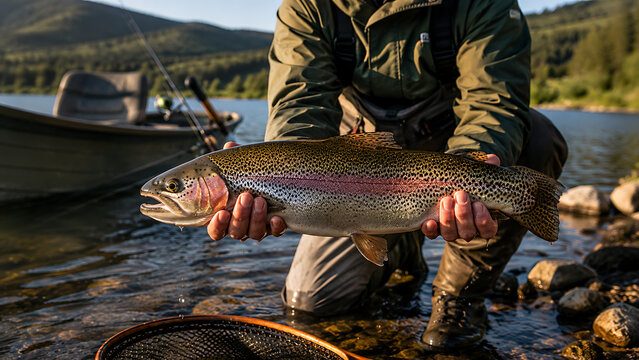 Fisherman holding freshly caught large rainbow trout fish by river shore with fishing boat in background