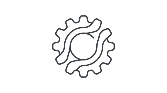 A minimalist line art icon featuring a gear shape integrated with flowing wave patterns.