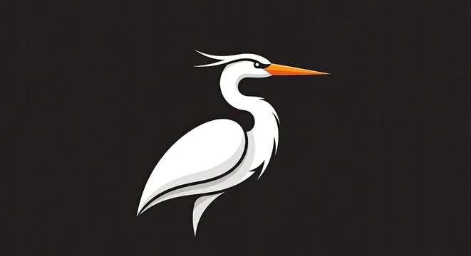 Stylized white crane bird profile on dark background.
