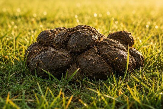 Fresh horse manure pile resting on green grass in a field during sunset