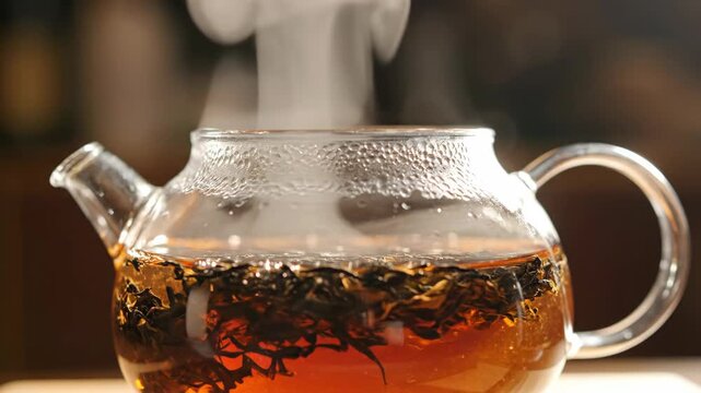 A clear glass teapot filled with freshly brewed hot black tea, releasing a gentle steam in the kitchen