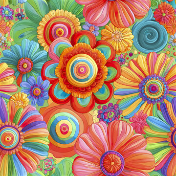 Colorful floral pattern with vibrant petals and swirling shapes creating joyful energy