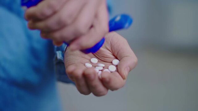 White tablets spill from a medicine bottle into an open palm in a close-up shot. Detailed pharmaceutical scene illustrating medication handling, dosage control, responsible drug use, healthcare.