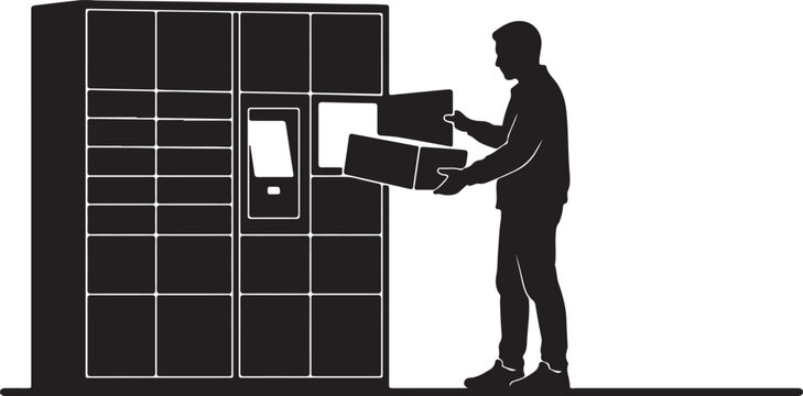 Man Collecting Parcel From Automated Delivery Locker Vector Silhouette