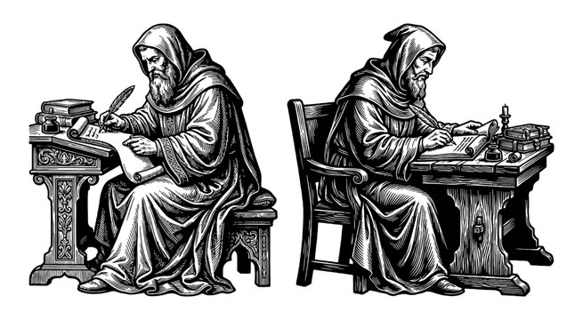 Two monks writing in old books at wooden desks in a vintage woodcut engraving style