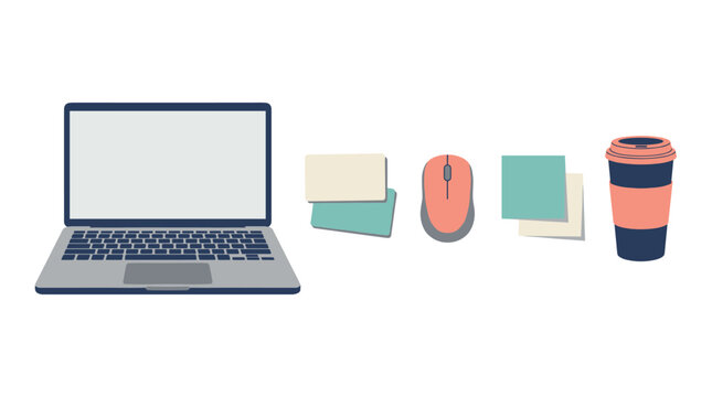 Flat vector illustration set of office workspace items including laptop, business cards, computer mouse, sticky notes, and coffee cup