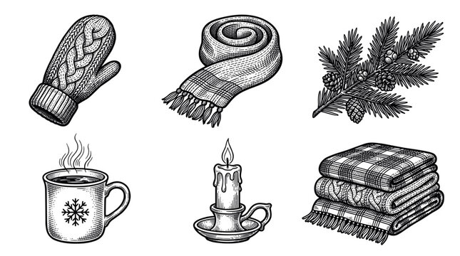 Cozy winter vector illustration set of knitted mitten, scarf, pine branch, hot mug, candle, and blankets in vintage engraving style